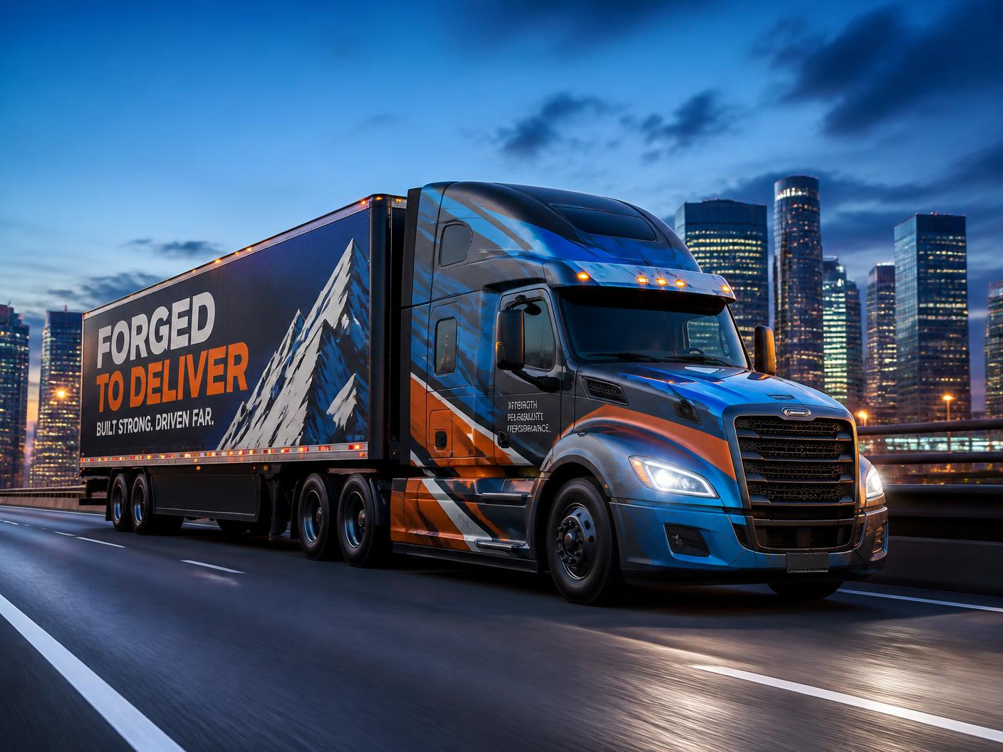 Semi truck with a complete advertising wrap approaching a city