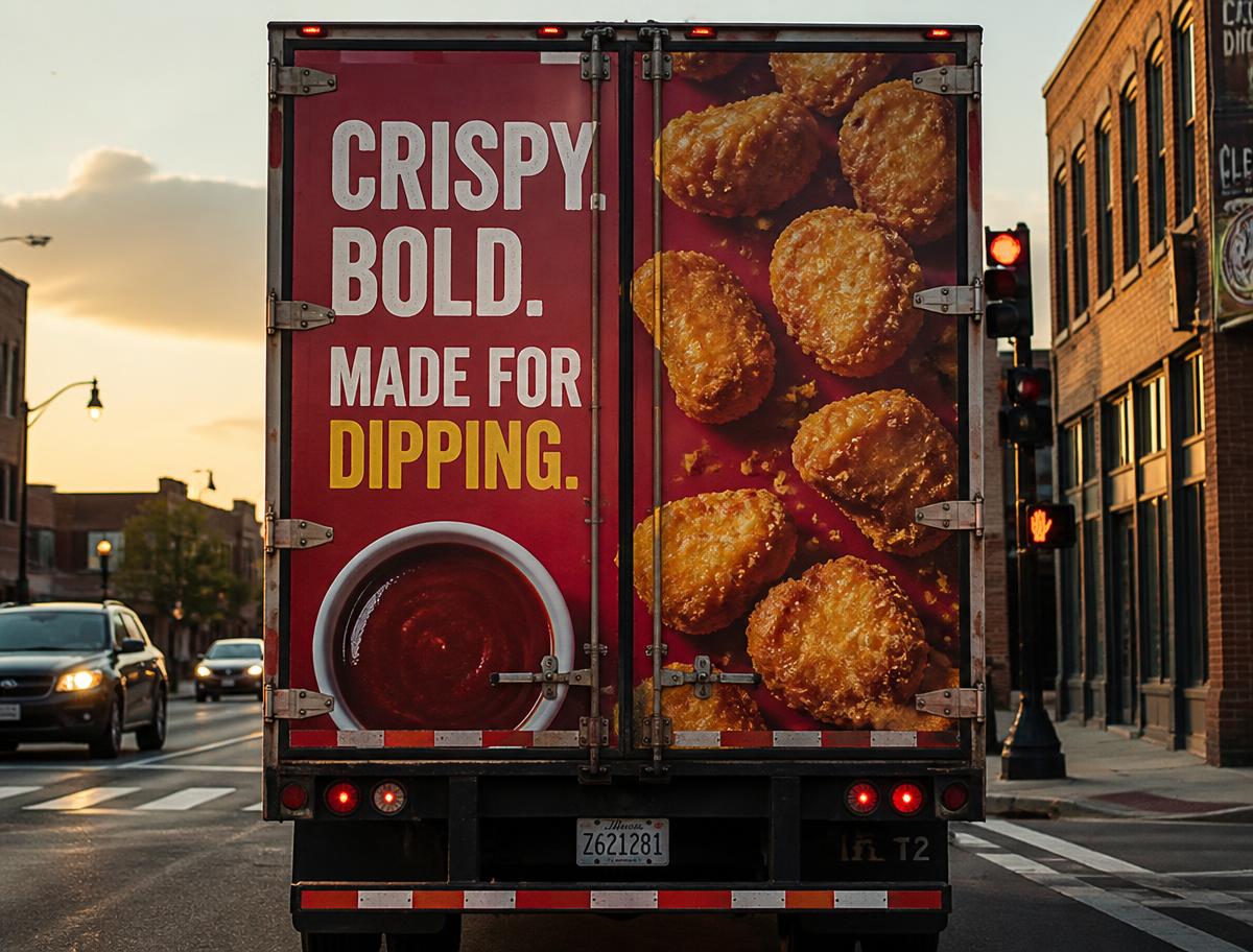 Truck rear doors wrapped with a bold restaurant advertisement at a city intersection